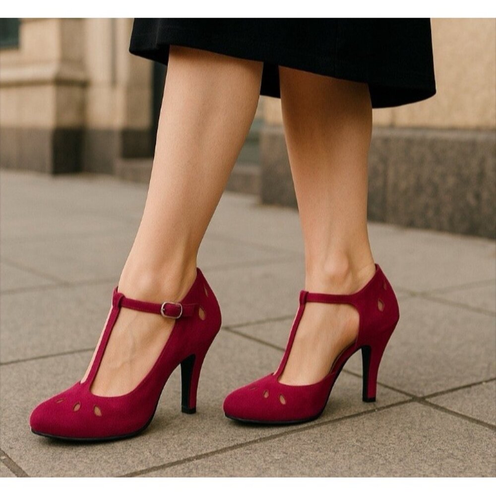 *Graham Street Shoe Co T-Strap Heels Womens Size 9 Burgundy Pin-Up Rockabilly